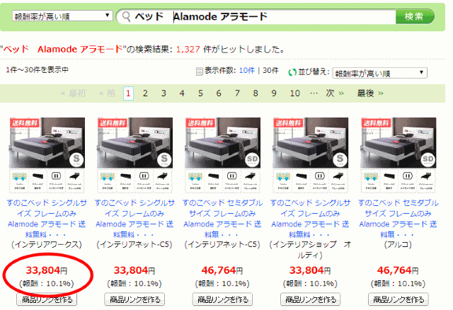 もしもアフィリエイトの商品リンク画面