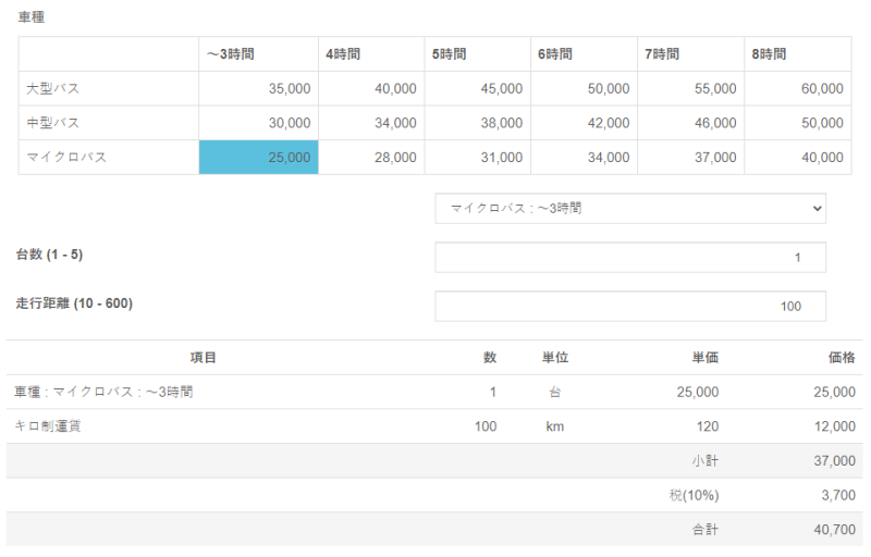 貸切バス料金の見積り例