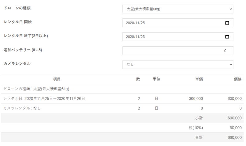 ドローンレンタルの見積り例