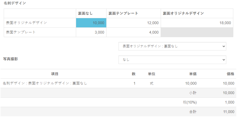 名刺デザインの見積り例